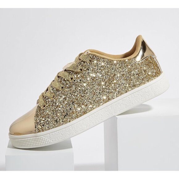 Brand New Women All Gold Rubber Glitter Sneakers Sparkly Fashion Lace Up Shoe - Picture 4 of 9